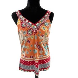 Tulli Floral V-Neck Sleeveless Boho Blouse Camisole Orange Red Cream Size Medium
